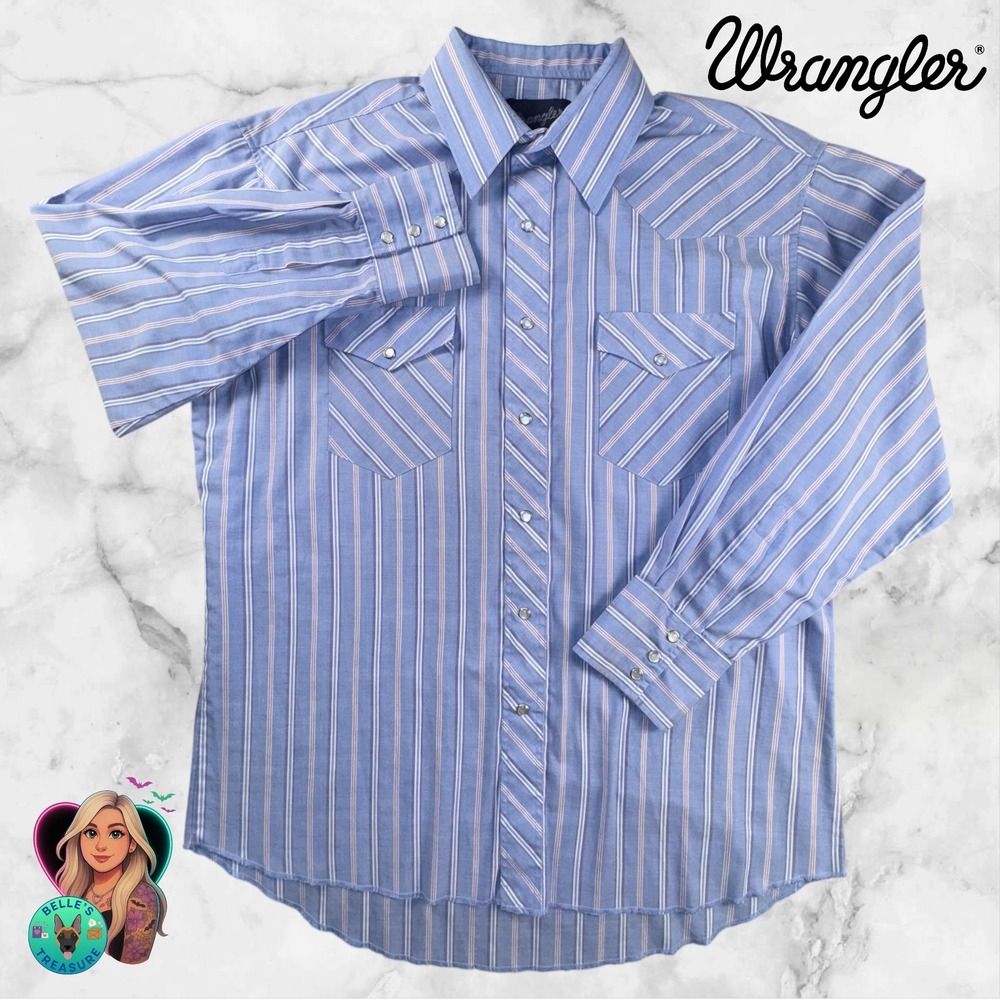 Wrangler Pearl‎ Snap Men's Large 16.5/34 X-Long Tails VTG Pointed Lapel Cowboy